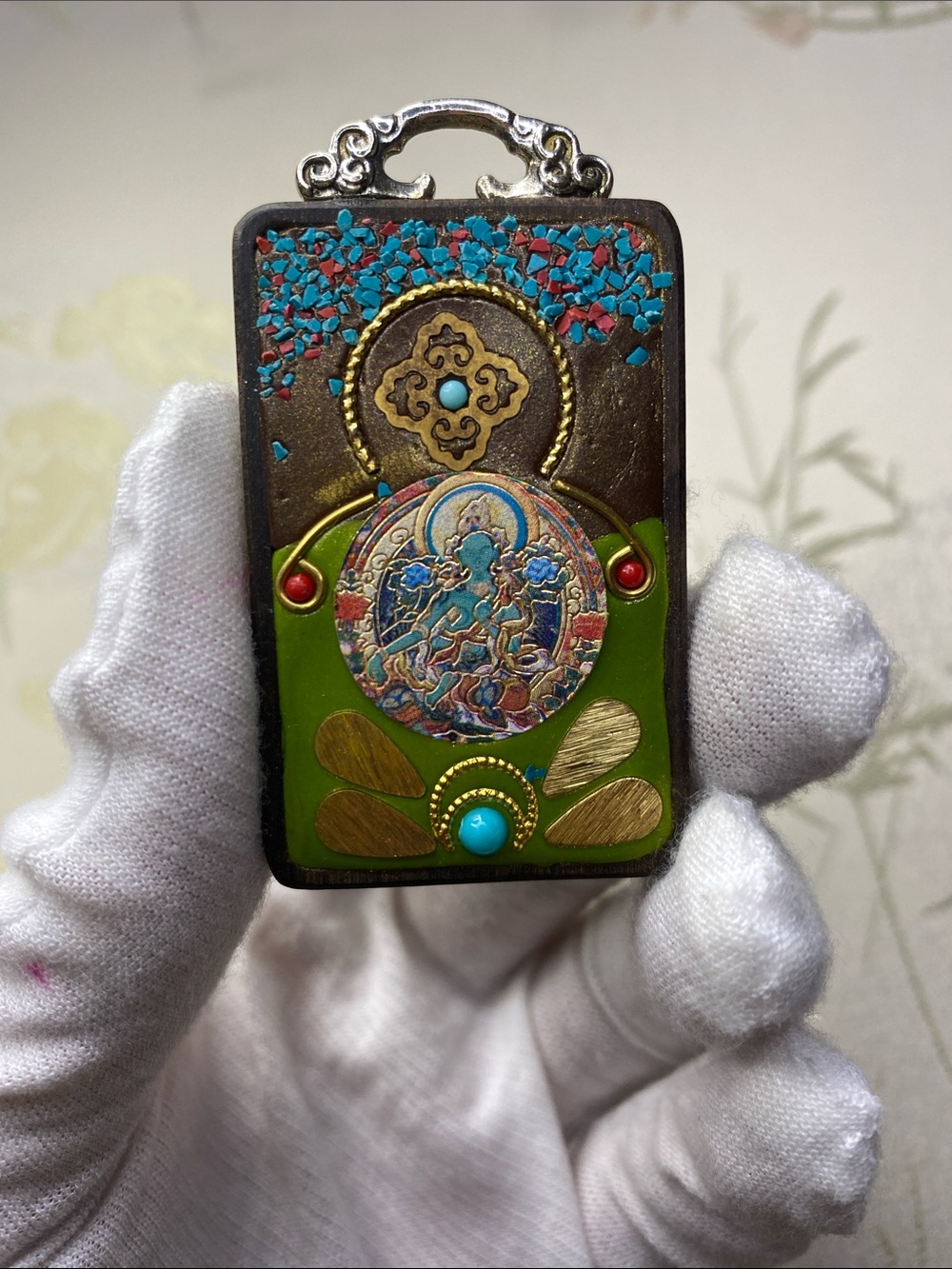 Retro Nepal TibetanGreen Mother ebony wood Tangka pendant